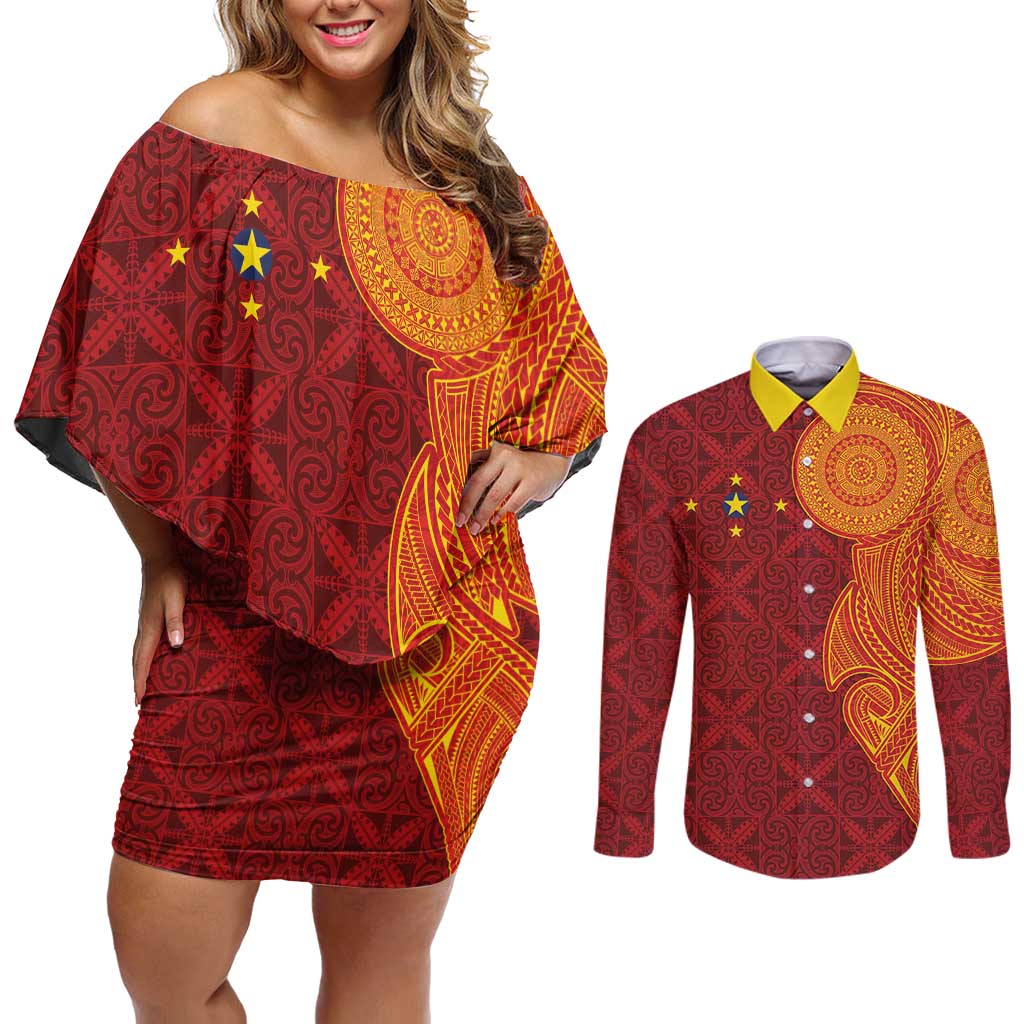 Niue Polynesian Hiapo Tattoo Art Couples Matching Off Shoulder Short Dress and Long Sleeve Button Shirt Half Style Red Yellow Color LT03 Red - Polynesian Pride