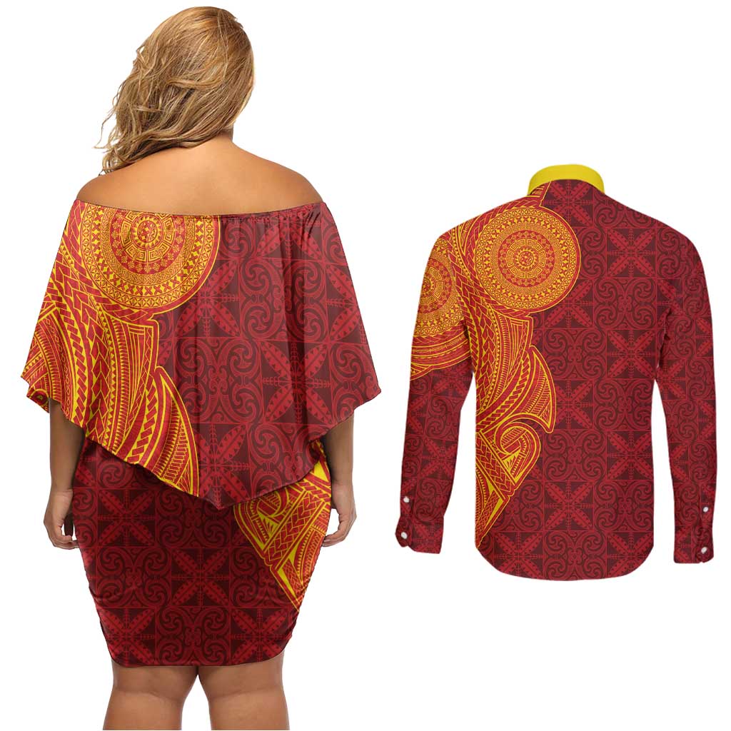 Niue Polynesian Hiapo Tattoo Art Couples Matching Off Shoulder Short Dress and Long Sleeve Button Shirt Half Style Red Yellow Color LT03 - Polynesian Pride