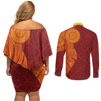 Niue Polynesian Hiapo Tattoo Art Couples Matching Off Shoulder Short Dress and Long Sleeve Button Shirt Half Style Red Yellow Color LT03 - Polynesian Pride