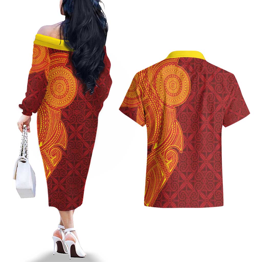 Niue Polynesian Hiapo Tattoo Art Couples Matching Off The Shoulder Long Sleeve Dress and Hawaiian Shirt Half Style Red Yellow Color LT03 - Polynesian Pride