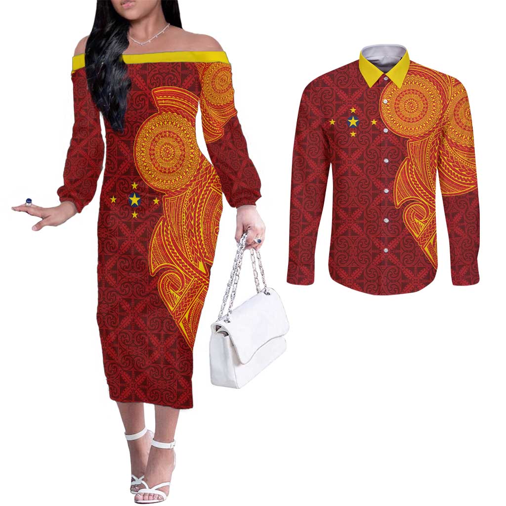 Niue Polynesian Hiapo Tattoo Art Couples Matching Off The Shoulder Long Sleeve Dress and Long Sleeve Button Shirt Half Style Red Yellow Color - Polynesian Pride
