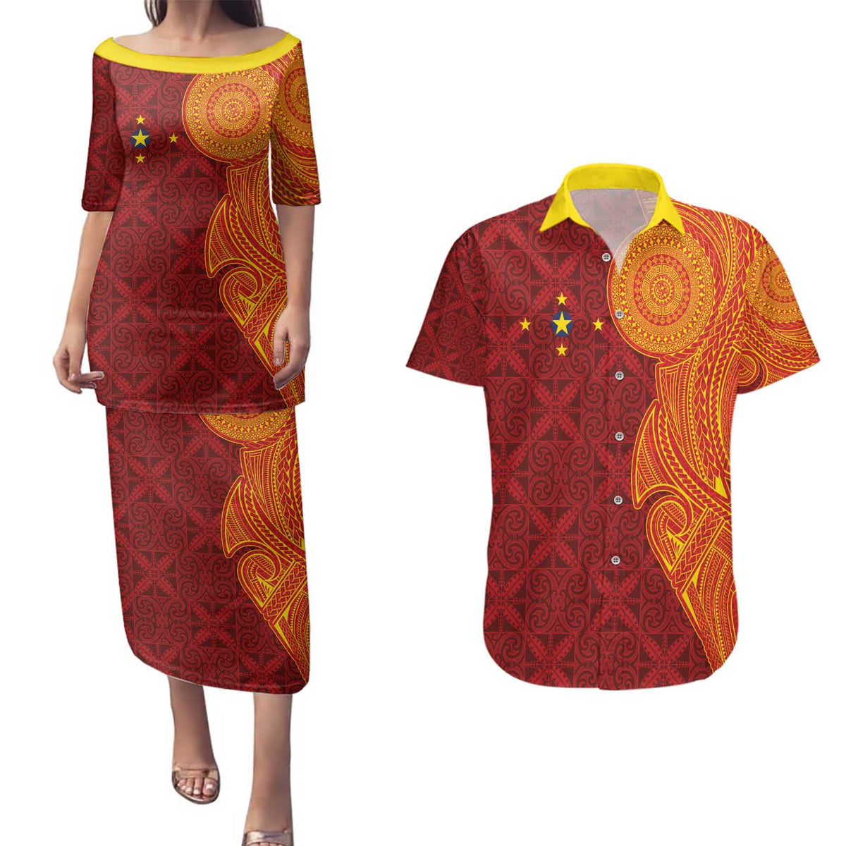 Niue Polynesian Hiapo Tattoo Art Couples Matching Puletasi and Hawaiian Shirt Half Style Red Yellow Color LT03 Red - Polynesian Pride
