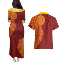 Niue Polynesian Hiapo Tattoo Art Couples Matching Puletasi and Hawaiian Shirt Half Style Red Yellow Color LT03 - Polynesian Pride
