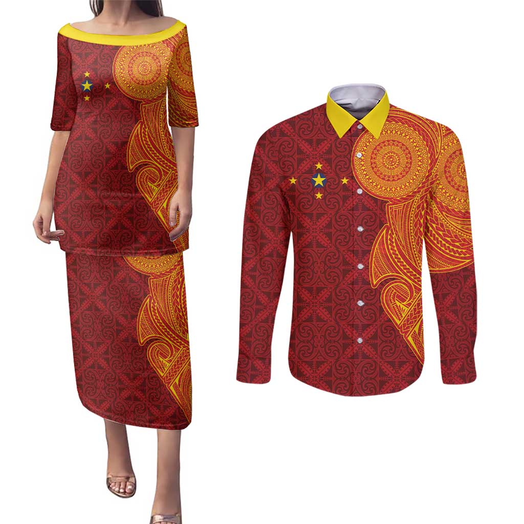 Niue Polynesian Hiapo Tattoo Art Couples Matching Puletasi and Long Sleeve Button Shirt Half Style Red Yellow Color LT03 Red - Polynesian Pride