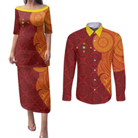Niue Polynesian Hiapo Tattoo Art Couples Matching Puletasi and Long Sleeve Button Shirt Half Style Red Yellow Color LT03 Red - Polynesian Pride