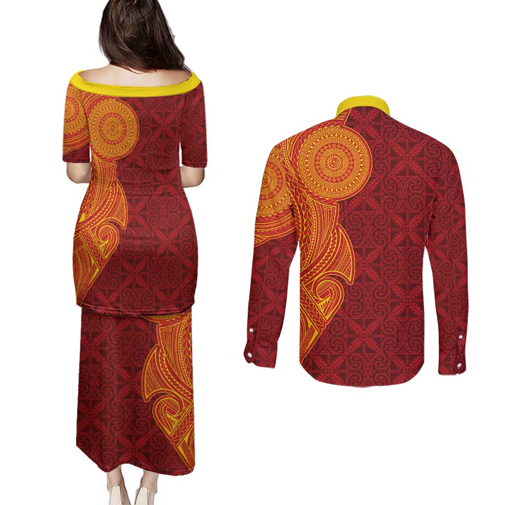 Niue Polynesian Hiapo Tattoo Art Couples Matching Puletasi and Long Sleeve Button Shirt Half Style Red Yellow Color LT03 - Polynesian Pride