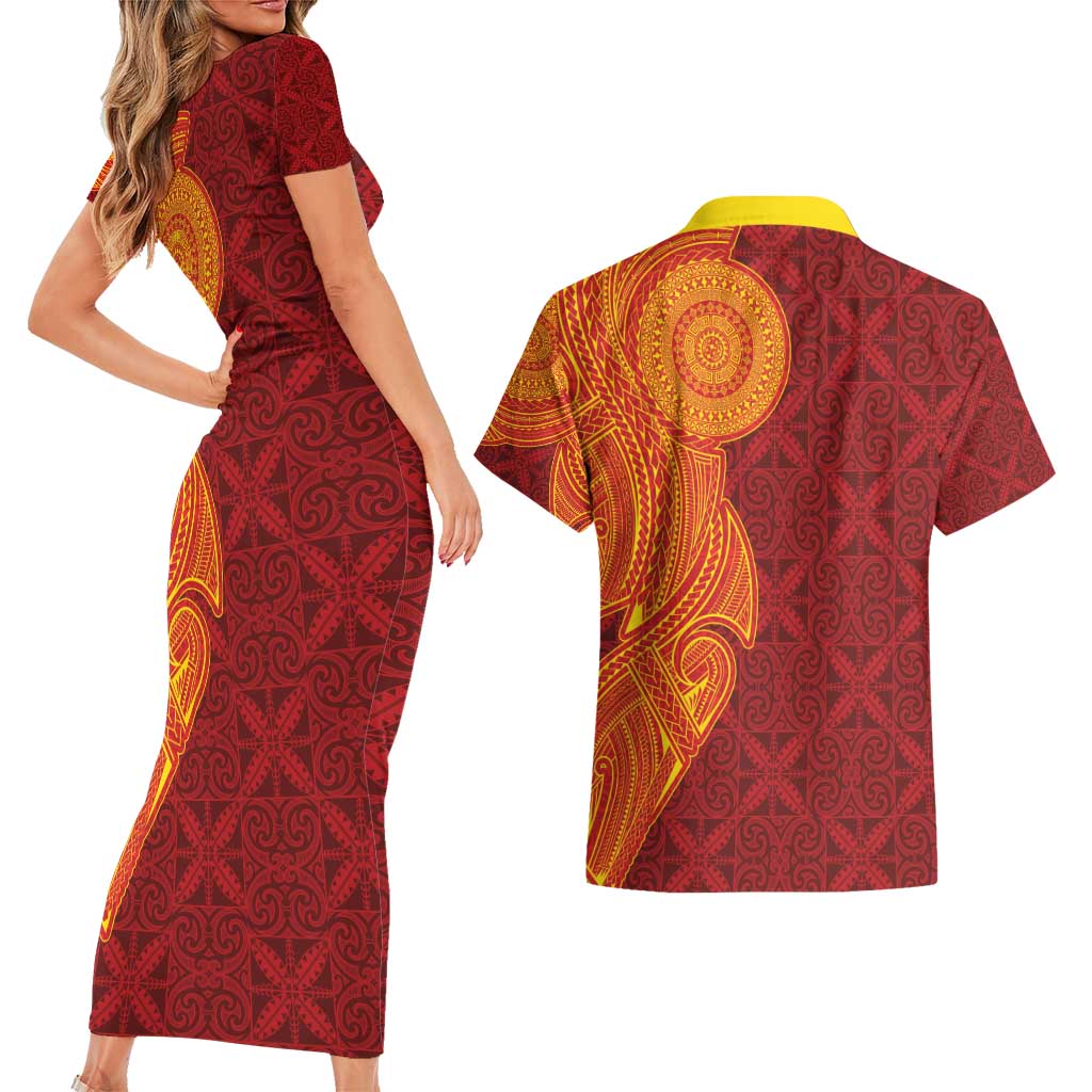 Niue Polynesian Hiapo Tattoo Art Couples Matching Short Sleeve Bodycon Dress and Hawaiian Shirt Half Style Red Yellow Color LT03 - Polynesian Pride