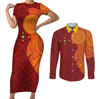Niue Polynesian Hiapo Tattoo Art Couples Matching Short Sleeve Bodycon Dress and Long Sleeve Button Shirt Half Style Red Yellow Color LT03 Red - Polynesian Pride