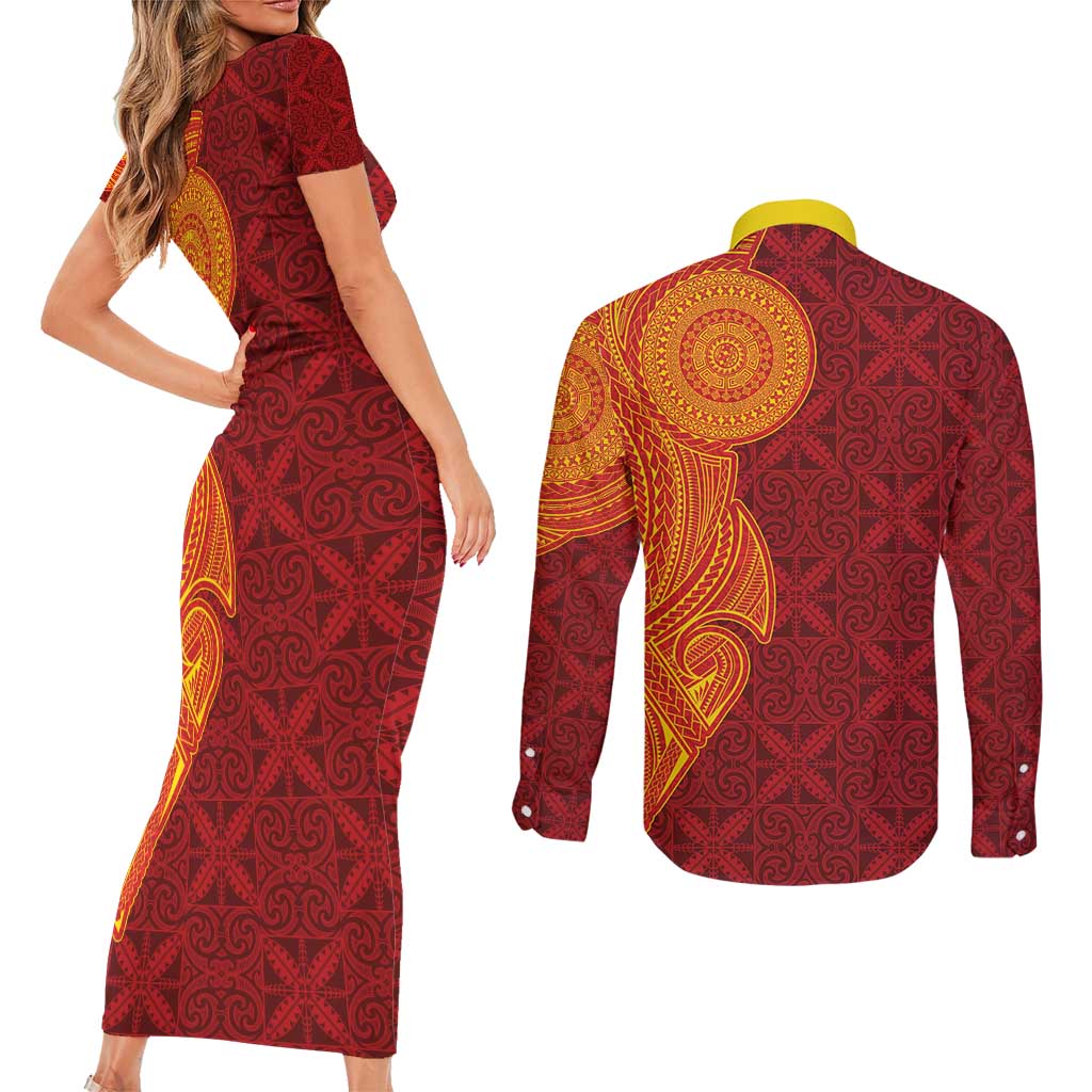 Niue Polynesian Hiapo Tattoo Art Couples Matching Short Sleeve Bodycon Dress and Long Sleeve Button Shirt Half Style Red Yellow Color LT03 - Polynesian Pride