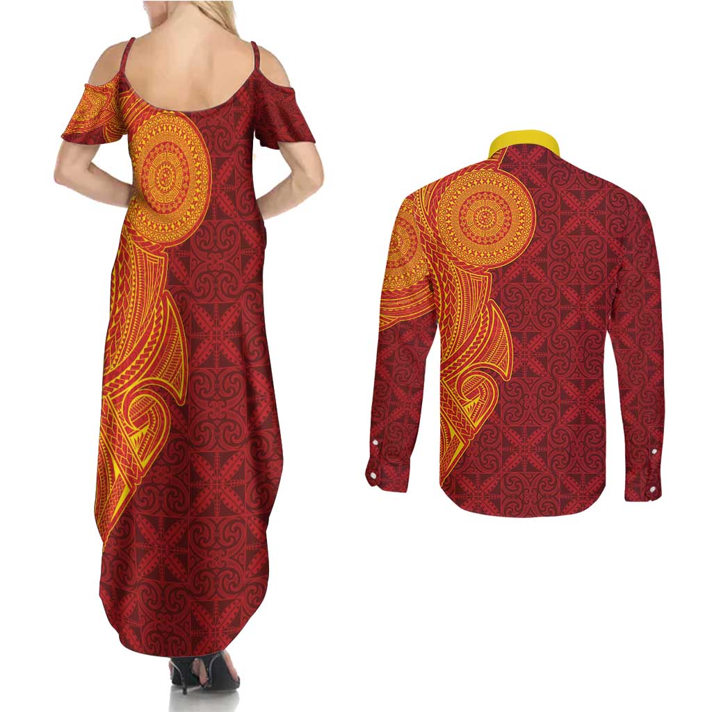 Niue Polynesian Hiapo Tattoo Art Couples Matching Summer Maxi Dress and Long Sleeve Button Shirt Half Style Red Yellow Color LT03 - Polynesian Pride