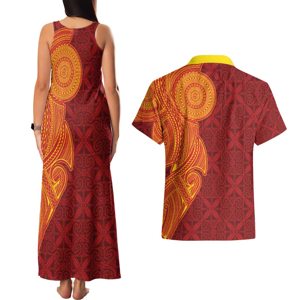 Niue Polynesian Hiapo Tattoo Art Couples Matching Tank Maxi Dress and Hawaiian Shirt Half Style Red Yellow Color LT03 - Polynesian Pride