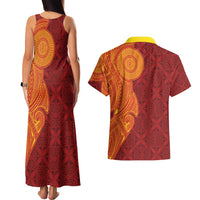 Niue Polynesian Hiapo Tattoo Art Couples Matching Tank Maxi Dress and Hawaiian Shirt Half Style Red Yellow Color LT03 - Polynesian Pride