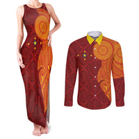 Niue Polynesian Hiapo Tattoo Art Couples Matching Tank Maxi Dress and Long Sleeve Button Shirt Half Style Red Yellow Color LT03 Red - Polynesian Pride