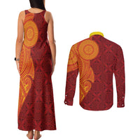 Niue Polynesian Hiapo Tattoo Art Couples Matching Tank Maxi Dress and Long Sleeve Button Shirt Half Style Red Yellow Color LT03 - Polynesian Pride