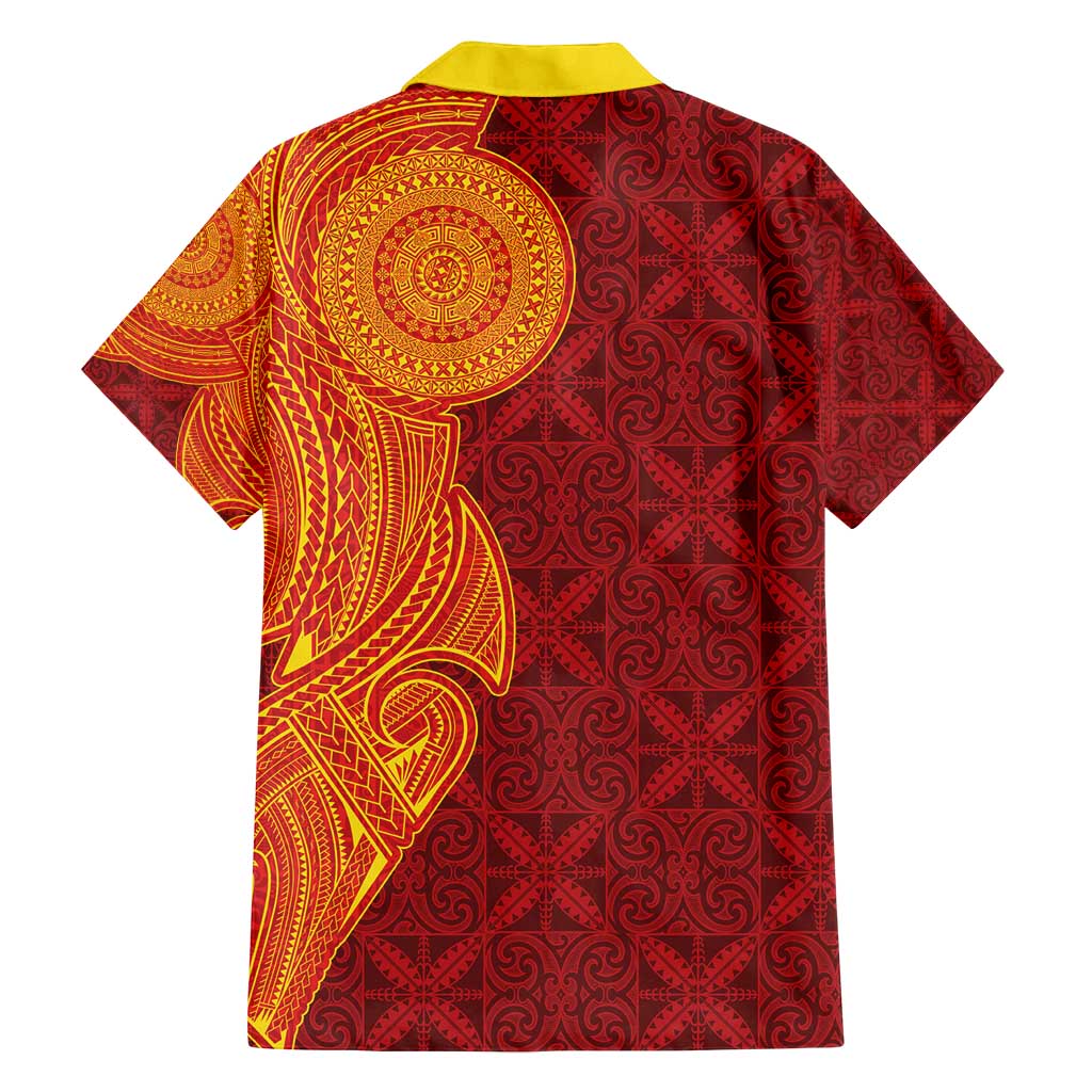 Niue Polynesian Hiapo Tattoo Art Family Matching Long Sleeve Bodycon Dress and Hawaiian Shirt Half Style Red Yellow Color LT03 - Polynesian Pride