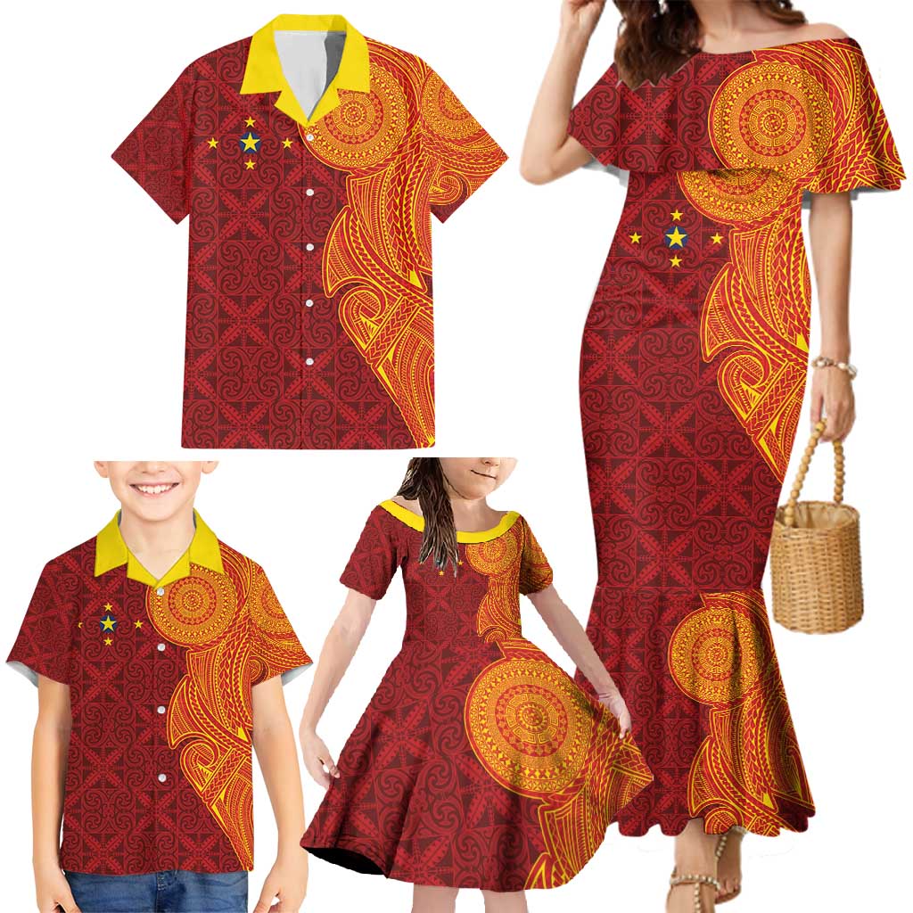 Niue Polynesian Hiapo Tattoo Art Family Matching Mermaid Dress and Hawaiian Shirt Half Style Red Yellow Color - Polynesian Pride