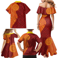 Niue Polynesian Hiapo Tattoo Art Family Matching Mermaid Dress and Hawaiian Shirt Half Style Red Yellow Color LT03 - Polynesian Pride