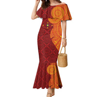 Niue Polynesian Hiapo Tattoo Art Family Matching Mermaid Dress and Hawaiian Shirt Half Style Red Yellow Color LT03 Mom's Dress Red - Polynesian Pride