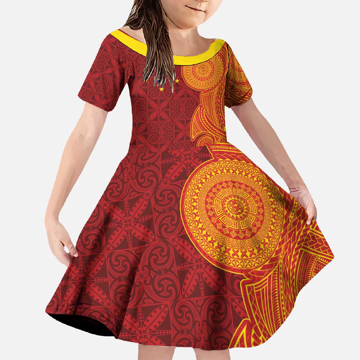 Niue Polynesian Hiapo Tattoo Art Family Matching Off The Shoulder Long Sleeve Dress and Hawaiian Shirt Half Style Red Yellow Color LT03 Daughter's Dress Red - Polynesian Pride