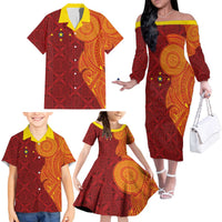Niue Polynesian Hiapo Tattoo Art Family Matching Off The Shoulder Long Sleeve Dress and Hawaiian Shirt Half Style Red Yellow Color LT03 - Polynesian Pride