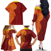Niue Polynesian Hiapo Tattoo Art Family Matching Off The Shoulder Long Sleeve Dress and Hawaiian Shirt Half Style Red Yellow Color LT03 - Polynesian Pride
