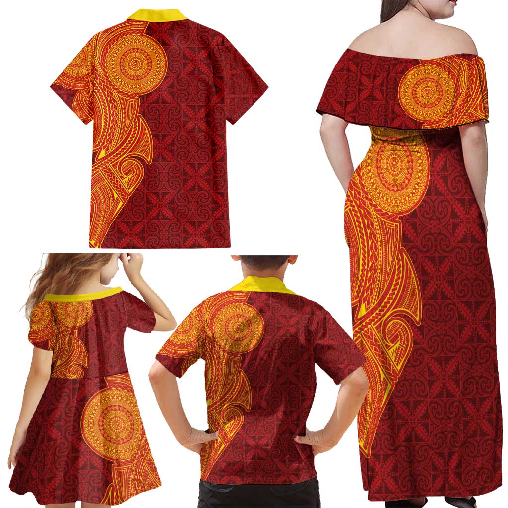 Niue Polynesian Hiapo Tattoo Art Family Matching Off Shoulder Maxi Dress and Hawaiian Shirt Half Style Red Yellow Color LT03 - Polynesian Pride