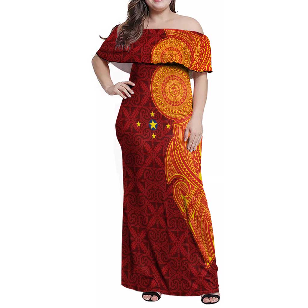Niue Polynesian Hiapo Tattoo Art Family Matching Off Shoulder Maxi Dress and Hawaiian Shirt Half Style Red Yellow Color LT03 Mom's Dress Red - Polynesian Pride