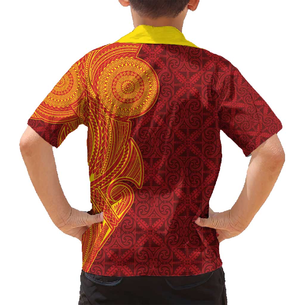 Niue Polynesian Hiapo Tattoo Art Family Matching Off Shoulder Short Dress and Hawaiian Shirt Half Style Red Yellow Color LT03 - Polynesian Pride