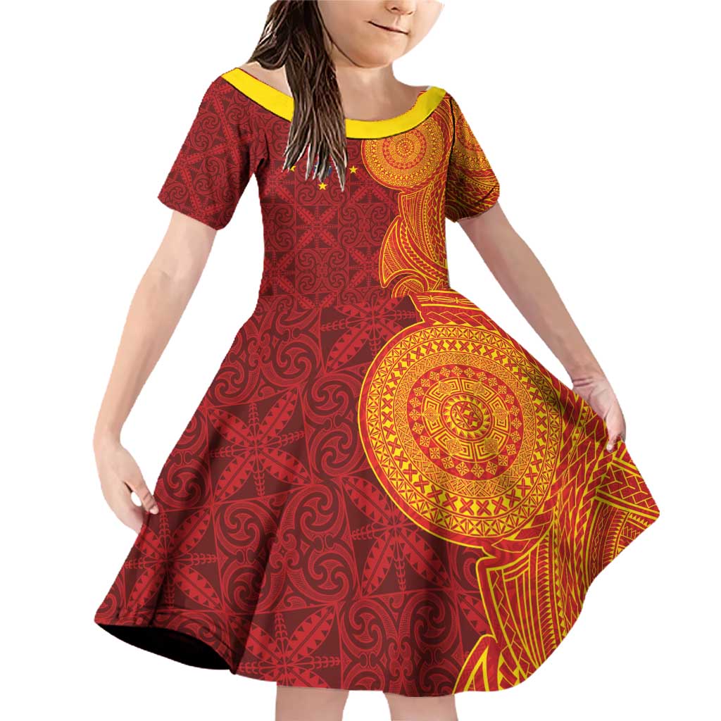 Niue Polynesian Hiapo Tattoo Art Family Matching Off Shoulder Short Dress and Hawaiian Shirt Half Style Red Yellow Color LT03 Daughter's Dress Red - Polynesian Pride