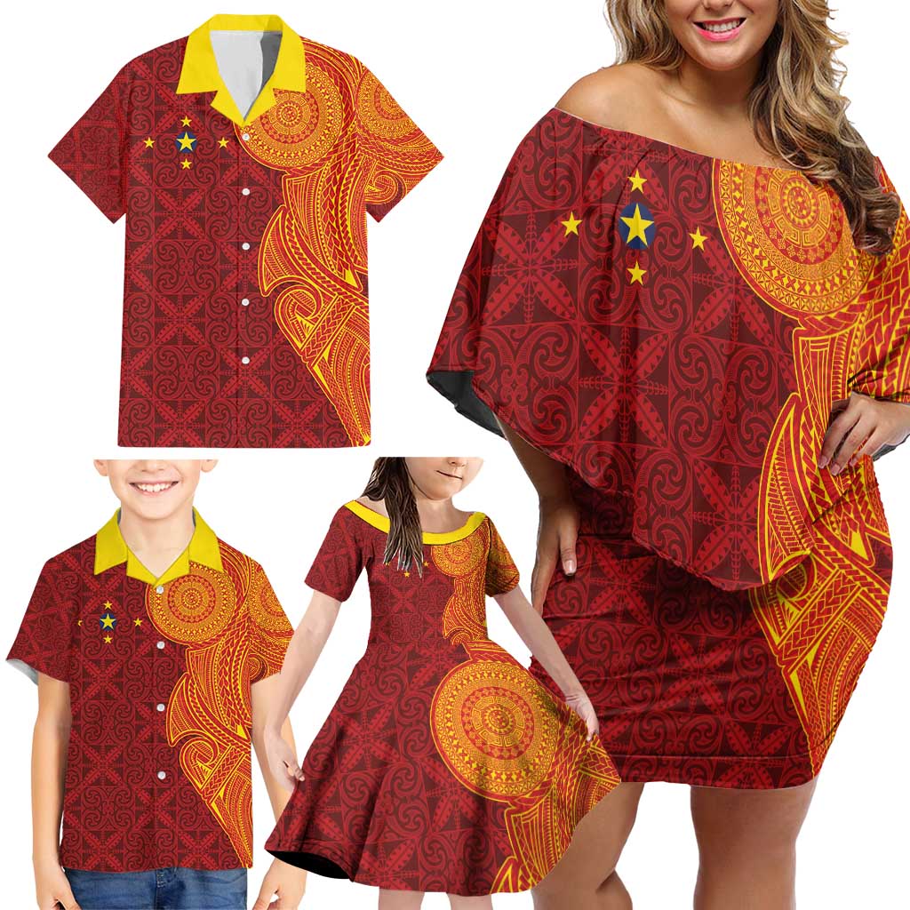 Niue Polynesian Hiapo Tattoo Art Family Matching Off Shoulder Short Dress and Hawaiian Shirt Half Style Red Yellow Color LT03 - Polynesian Pride