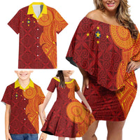 Niue Polynesian Hiapo Tattoo Art Family Matching Off Shoulder Short Dress and Hawaiian Shirt Half Style Red Yellow Color LT03 - Polynesian Pride