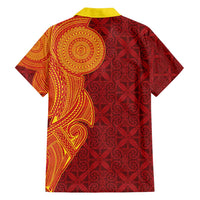 Niue Polynesian Hiapo Tattoo Art Family Matching Off Shoulder Short Dress and Hawaiian Shirt Half Style Red Yellow Color LT03 - Polynesian Pride