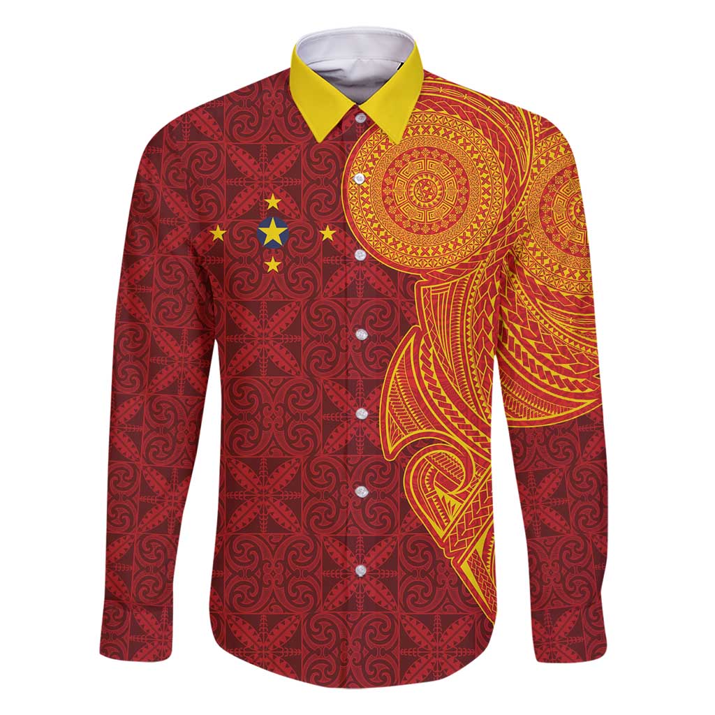 Niue Polynesian Hiapo Tattoo Art Family Matching Off Shoulder Short Dress and Hawaiian Shirt Half Style Red Yellow Color LT03 Dad's Shirt - Long Sleeve Red - Polynesian Pride