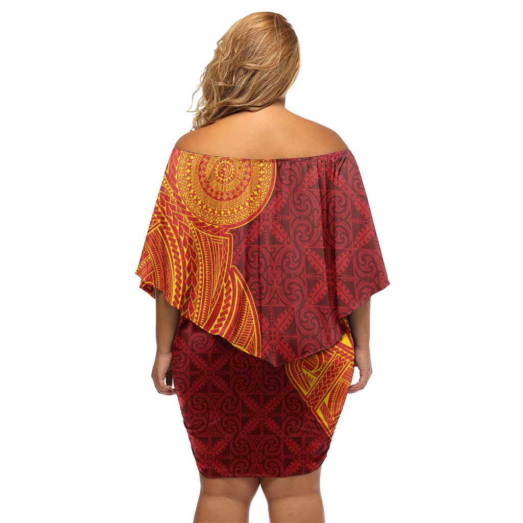 Niue Polynesian Hiapo Tattoo Art Family Matching Off Shoulder Short Dress and Hawaiian Shirt Half Style Red Yellow Color LT03 - Polynesian Pride