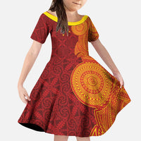 Niue Polynesian Hiapo Tattoo Art Family Matching Puletasi and Hawaiian Shirt Half Style Red Yellow Color LT03 Daughter's Dress Red - Polynesian Pride