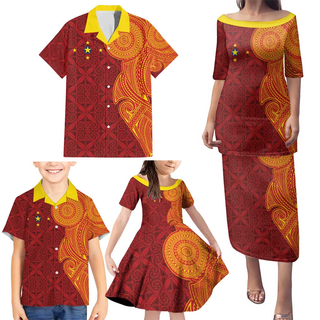 Niue Polynesian Hiapo Tattoo Art Family Matching Puletasi and Hawaiian Shirt Half Style Red Yellow Color LT03 - Polynesian Pride