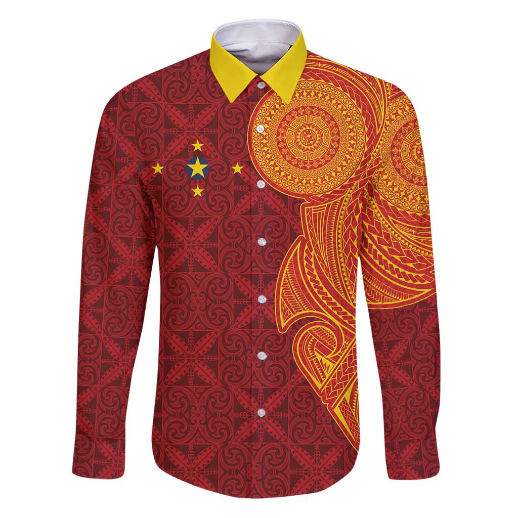 Niue Polynesian Hiapo Tattoo Art Family Matching Puletasi and Hawaiian Shirt Half Style Red Yellow Color LT03 Dad's Shirt - Long Sleeve Red - Polynesian Pride