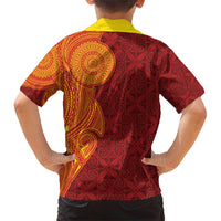 Niue Polynesian Hiapo Tattoo Art Family Matching Short Sleeve Bodycon Dress and Hawaiian Shirt Half Style Red Yellow Color LT03 - Polynesian Pride