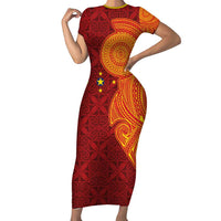 Niue Polynesian Hiapo Tattoo Art Family Matching Short Sleeve Bodycon Dress and Hawaiian Shirt Half Style Red Yellow Color LT03 Mom's Dress Red - Polynesian Pride