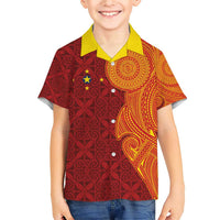 Niue Polynesian Hiapo Tattoo Art Family Matching Short Sleeve Bodycon Dress and Hawaiian Shirt Half Style Red Yellow Color LT03 Son's Shirt Red - Polynesian Pride