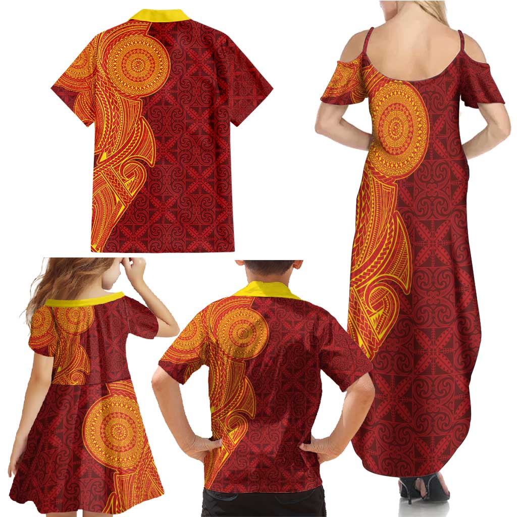 Niue Polynesian Hiapo Tattoo Art Family Matching Summer Maxi Dress and Hawaiian Shirt Half Style Red Yellow Color LT03 - Polynesian Pride