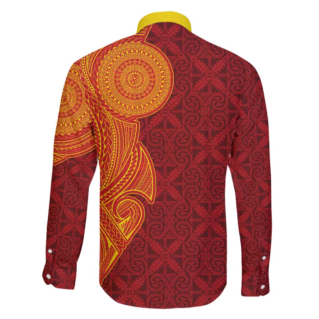 Niue Polynesian Hiapo Tattoo Art Family Matching Summer Maxi Dress and Hawaiian Shirt Half Style Red Yellow Color LT03 - Polynesian Pride
