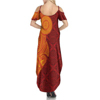 Niue Polynesian Hiapo Tattoo Art Family Matching Summer Maxi Dress and Hawaiian Shirt Half Style Red Yellow Color LT03 - Polynesian Pride