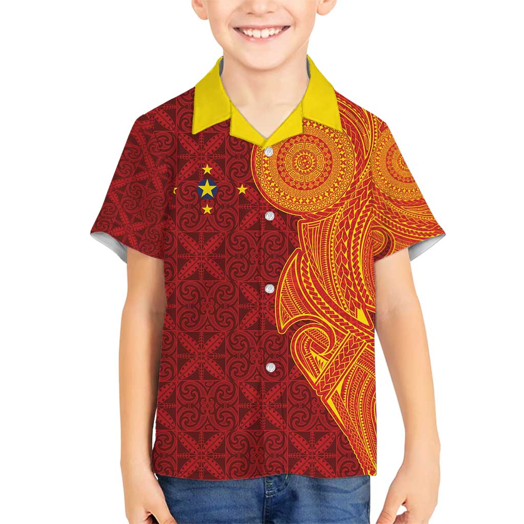 Niue Polynesian Hiapo Tattoo Art Family Matching Summer Maxi Dress and Hawaiian Shirt Half Style Red Yellow Color LT03 Son's Shirt Red - Polynesian Pride