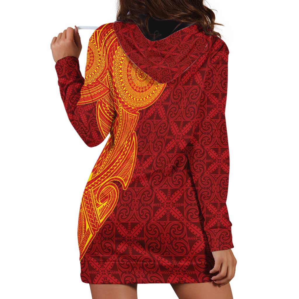 Niue Polynesian Hiapo Tattoo Art Hoodie Dress Half Style Red Yellow Color LT03 - Polynesian Pride