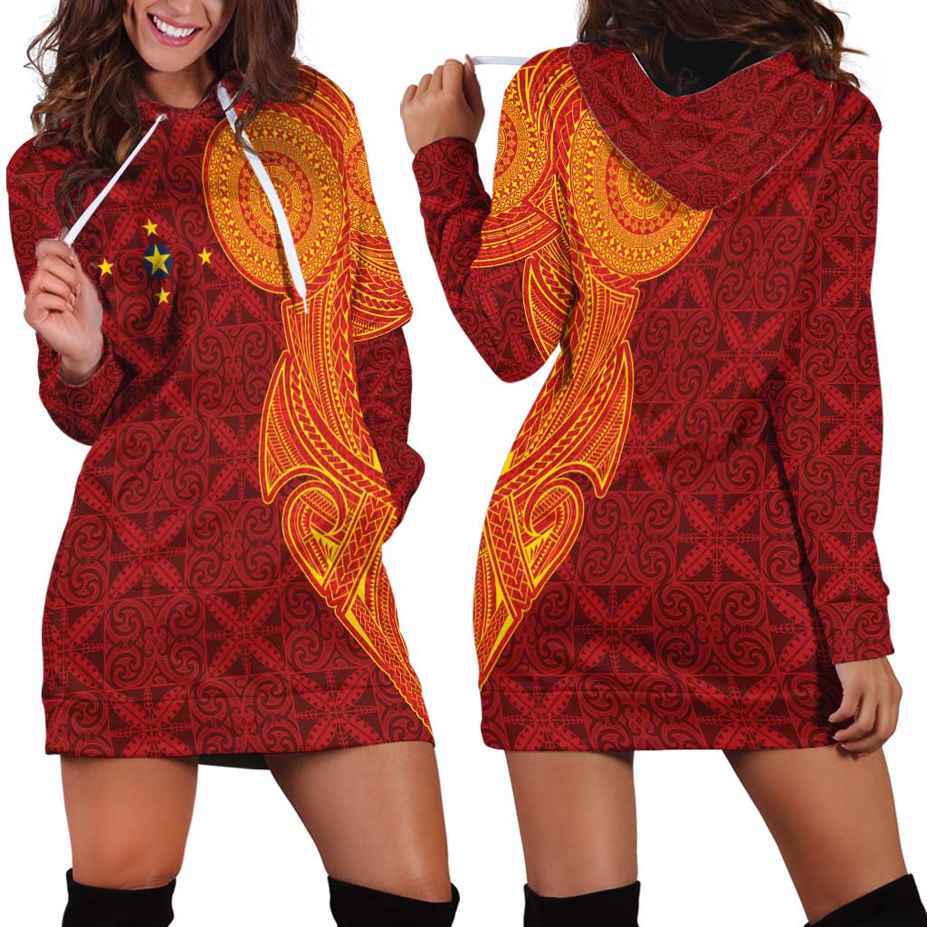Niue Polynesian Hiapo Tattoo Art Hoodie Dress Half Style Red Yellow Color LT03 - Polynesian Pride