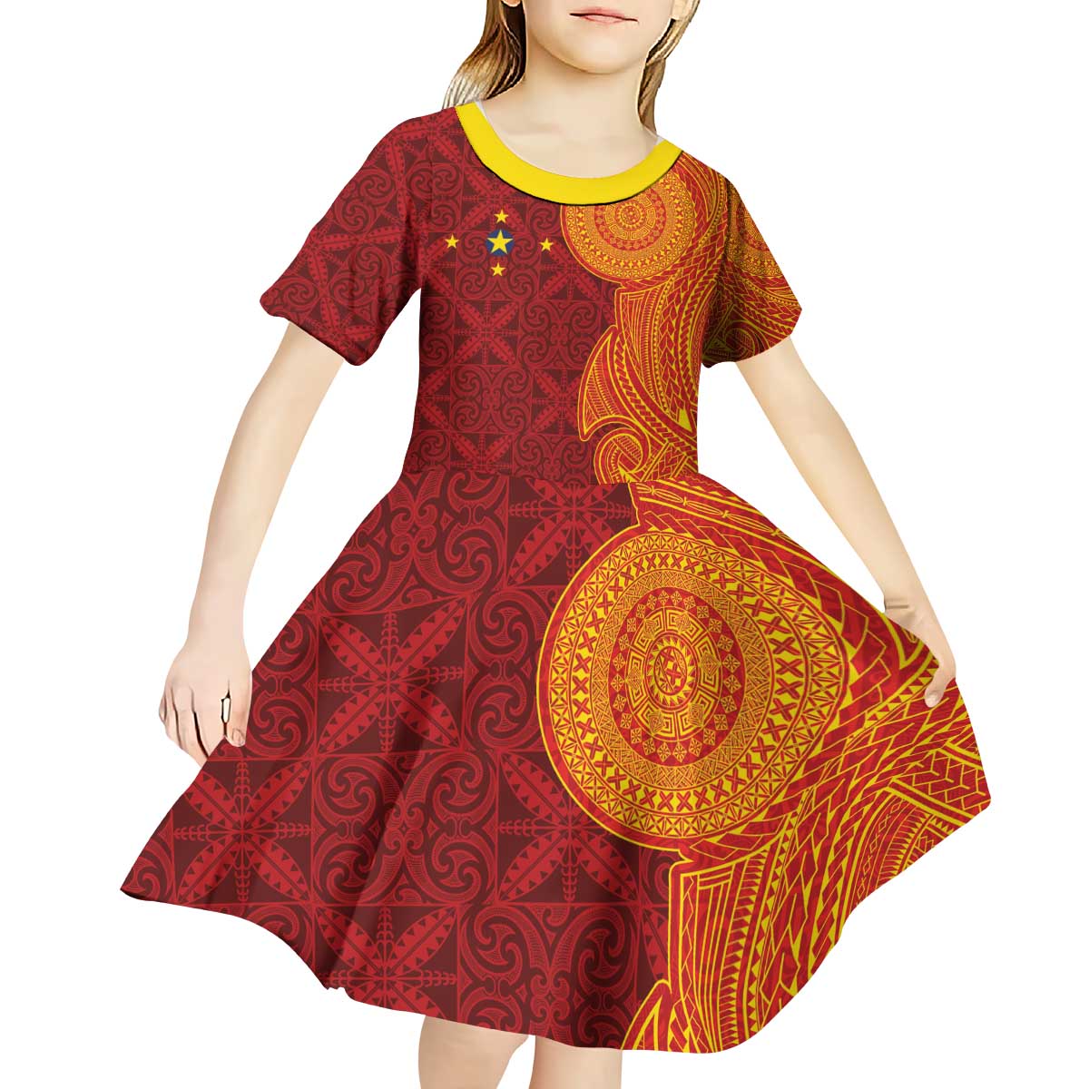 Niue Polynesian Hiapo Tattoo Art Kid Short Sleeve Dress Half Style Red Yellow Color LT03 - Polynesian Pride
