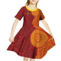 Niue Polynesian Hiapo Tattoo Art Kid Short Sleeve Dress Half Style Red Yellow Color LT03 - Polynesian Pride