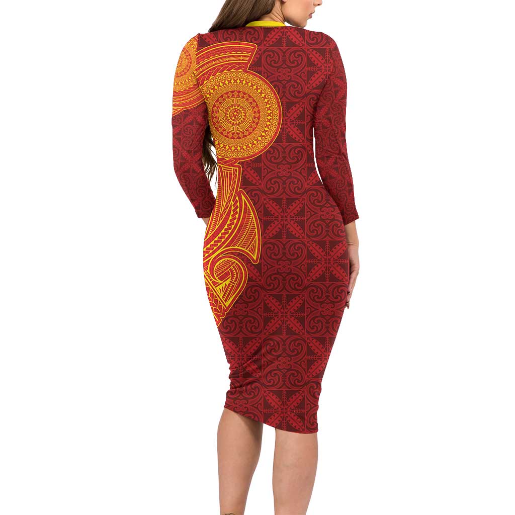 Niue Polynesian Hiapo Tattoo Art Long Sleeve Bodycon Dress Half Style Red Yellow Color LT03 - Polynesian Pride