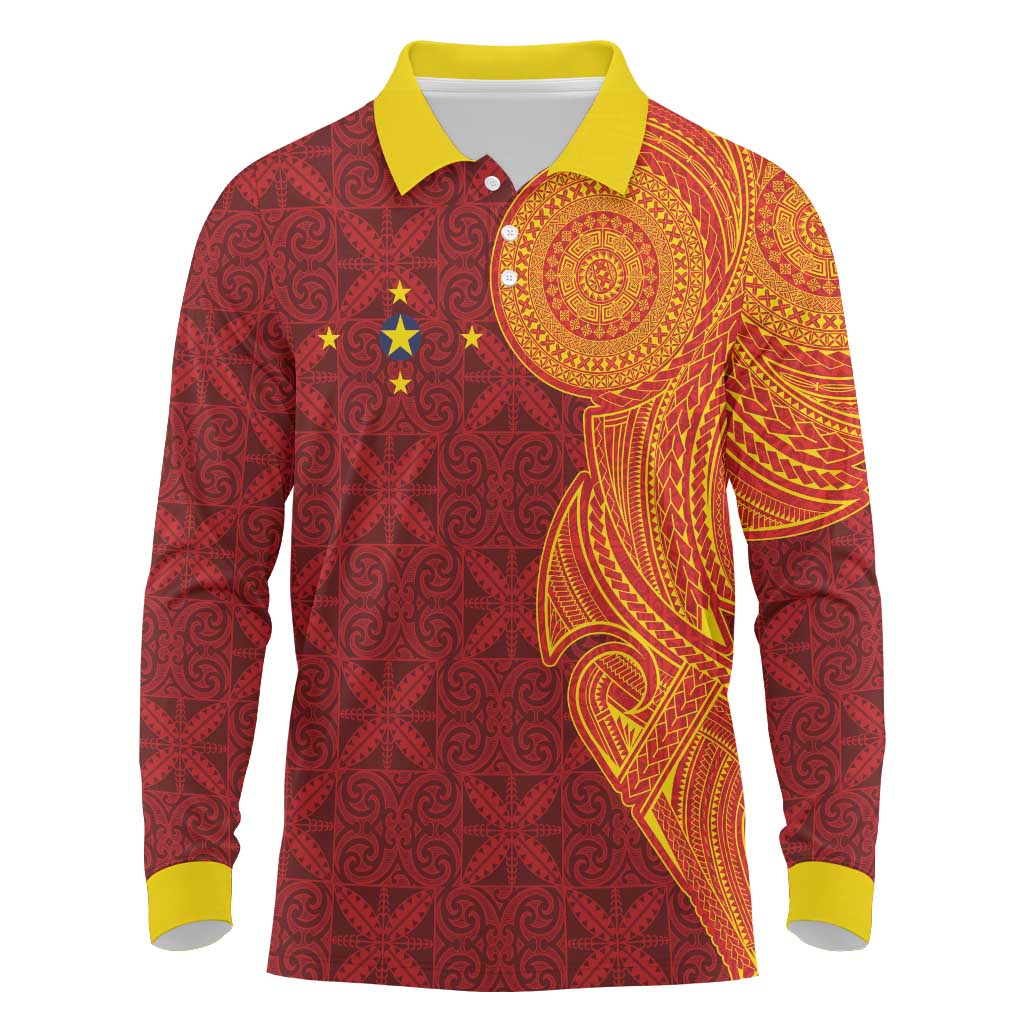 Niue Polynesian Hiapo Tattoo Art Long Sleeve Polo Shirt Half Style Red Yellow Color LT03 Red - Polynesian Pride